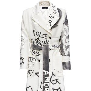 Dolce & Gabbana Graffiti Wool Blend Long Coat With Belt in White IT 40